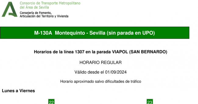 Tabla de horarios y frecuencias de paso en sentido vuelta Línea M-130: Sevilla - Montequinto - Universidad Pablo de Olavide (UPO) (recorrido 5)