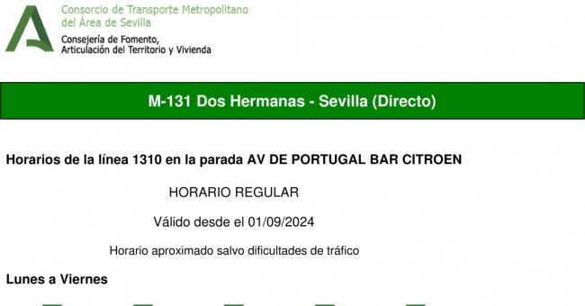 Tabla de horarios y frecuencias de paso en sentido vuelta Línea M-131: Sevilla - Dos Hermanas (recorrido 1)