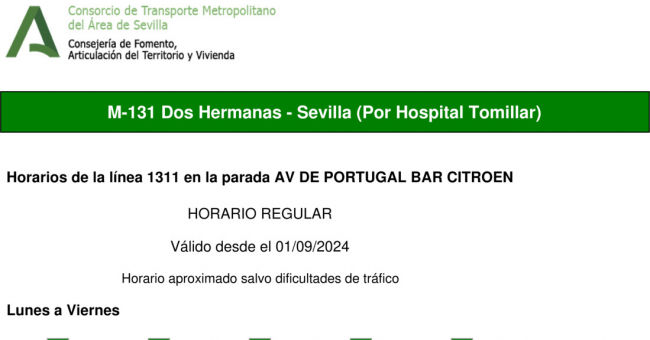 Tabla de horarios y frecuencias de paso en sentido vuelta Línea M-131: Sevilla - Dos Hermanas (recorrido 2)