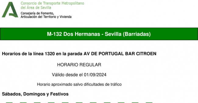 Tabla de horarios y frecuencias de paso en sentido vuelta Línea M-132: Sevilla - Dos Hermanas (Fuente del Rey) (recorrido 1)