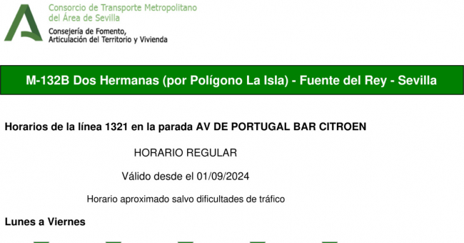 Tabla de horarios y frecuencias de paso en sentido vuelta Línea M-132: Sevilla - Dos Hermanas (Fuente del Rey) (recorrido 2)