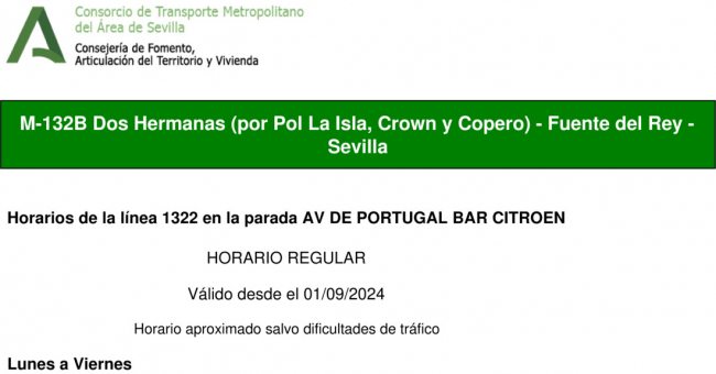 Tabla de horarios y frecuencias de paso en sentido vuelta Línea M-132: Sevilla - Dos Hermanas (Fuente del Rey) (recorrido 3)