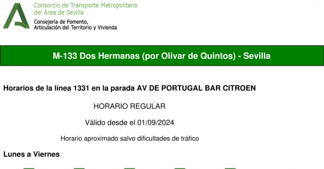 Tabla de horarios y frecuencias de paso en sentido vuelta Línea M-133: Sevilla - Dos Hermanas (Montequinto) (recorrido 2)