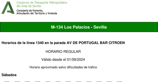 Tabla de horarios y frecuencias de paso en sentido vuelta Línea M-134: Sevilla - Los Palacios (Hospital Tomillar) (recorrido 1)