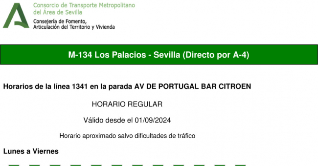Tabla de horarios y frecuencias de paso en sentido vuelta Línea M-134: Sevilla - Los Palacios (Hospital Tomillar) (recorrido 2)