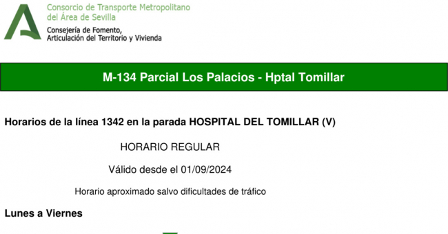 Tabla de horarios y frecuencias de paso en sentido vuelta Línea M-134: Sevilla - Los Palacios (Hospital Tomillar) (recorrido 3)