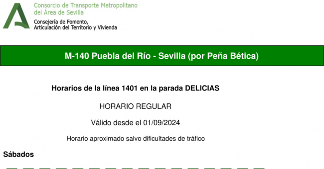 Tabla de horarios y frecuencias de paso en sentido vuelta Línea M-140: Sevilla - Puebla del Río