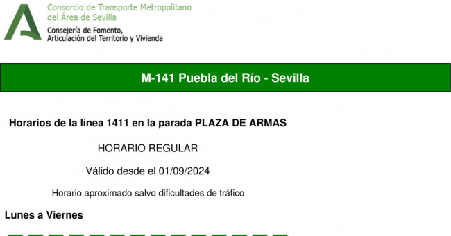 Tabla de horarios y frecuencias de paso en sentido vuelta Línea M-141: Sevilla - Puebla del Río
