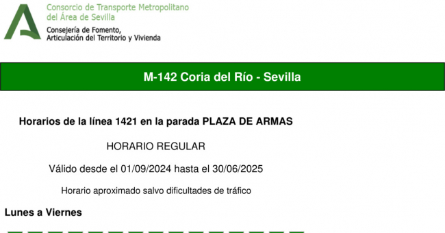 Tabla de horarios y frecuencias de paso en sentido vuelta Línea M-142: Sevilla - Coria del Río (recorrido 1)