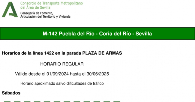 Tabla de horarios y frecuencias de paso en sentido vuelta Línea M-142: Sevilla - Coria del Río (recorrido 2)