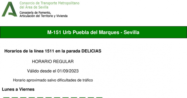 Tabla de horarios y frecuencias de paso en sentido vuelta Línea M-151: Sevilla - Urbanización Puebla del Marqués