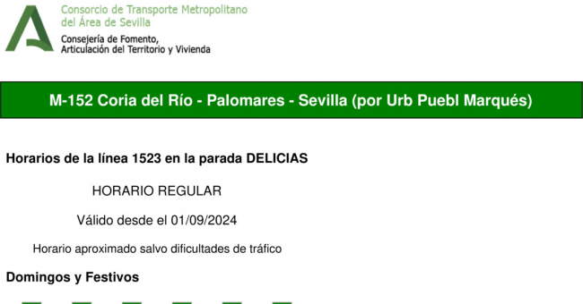 Tabla de horarios y frecuencias de paso en sentido vuelta Línea M-152: Sevilla - Palomares (recorrido 2)