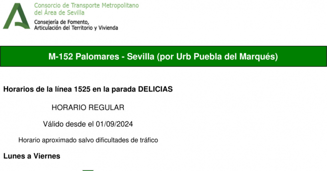 Tabla de horarios y frecuencias de paso en sentido vuelta Línea M-152: Sevilla - Palomares (recorrido 3)
