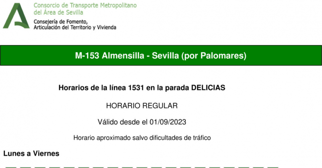 Tabla de horarios y frecuencias de paso en sentido vuelta Línea M-153: Sevilla - Almensilla (recorrido 1)