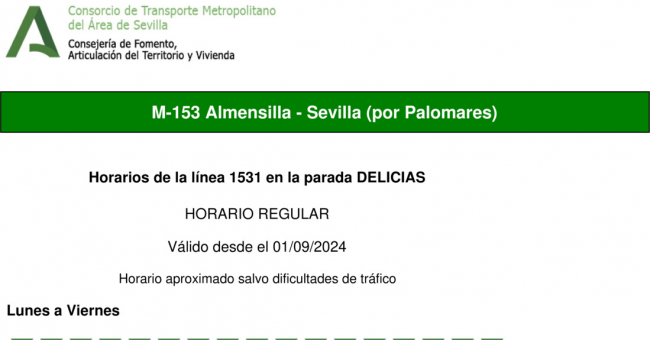 Tabla de horarios y frecuencias de paso en sentido vuelta Línea M-153: Sevilla - Almensilla (recorrido 1)