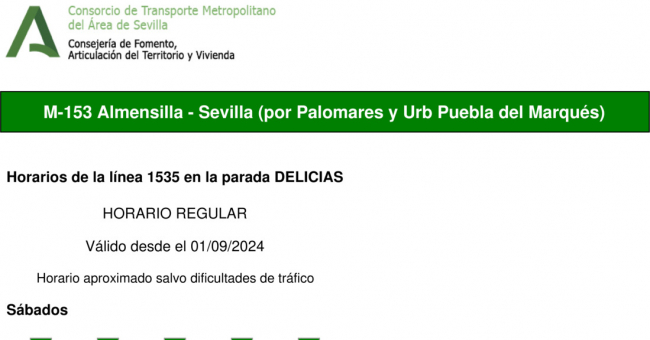 Tabla de horarios y frecuencias de paso en sentido vuelta Línea M-153: Sevilla - Almensilla (recorrido 2)