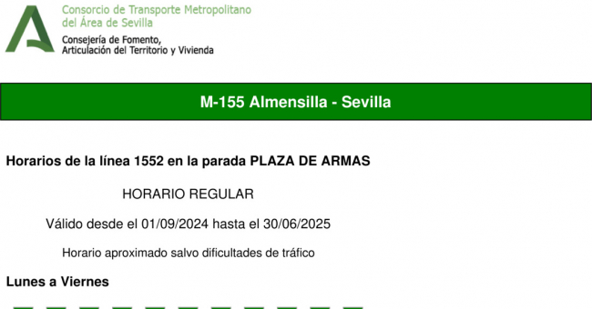 Tabla de horarios y frecuencias de paso en sentido vuelta Línea M-155: Sevilla - Almensilla