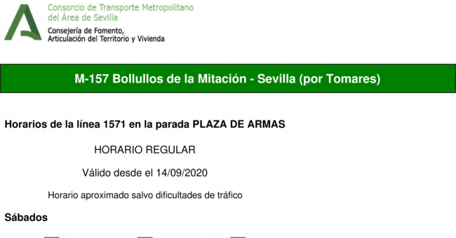 Tabla de horarios y frecuencias de paso en sentido vuelta Línea M-157: Sevilla - Bollullos de la Mitación (recorrido 1)