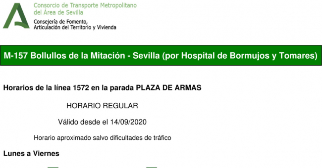 Tabla de horarios y frecuencias de paso en sentido vuelta Línea M-157: Sevilla - Bollullos de la Mitación (recorrido 2)