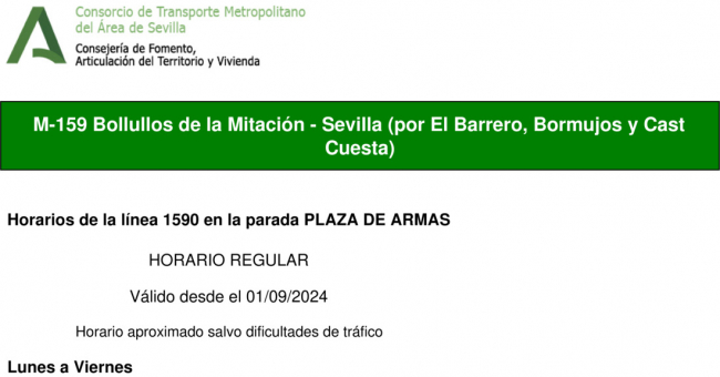 Tabla de horarios y frecuencias de paso en sentido vuelta Línea M-159: Sevilla - Bollullos de la Mitación (recorrido 1)