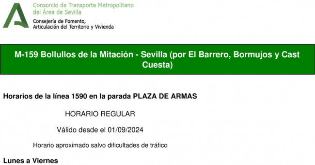 Tabla de horarios y frecuencias de paso en sentido vuelta Línea M-159: Sevilla - Bollullos de la Mitación (recorrido 1)