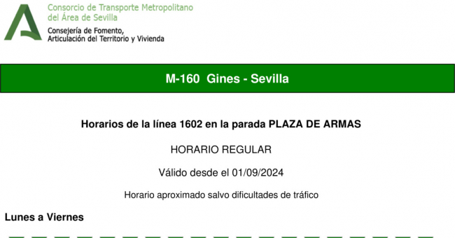 Tabla de horarios y frecuencias de paso en sentido vuelta Línea M-160: Sevilla - Gines