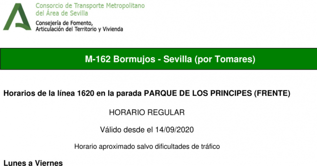 Tabla de horarios y frecuencias de paso en sentido vuelta Línea M-162: Sevilla - Bormujos (recorrido 1)