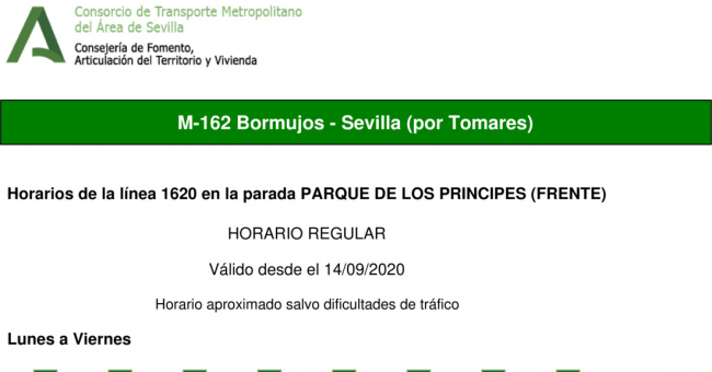 Tabla de horarios y frecuencias de paso en sentido vuelta Línea M-162: Sevilla - Bormujos (recorrido 1)