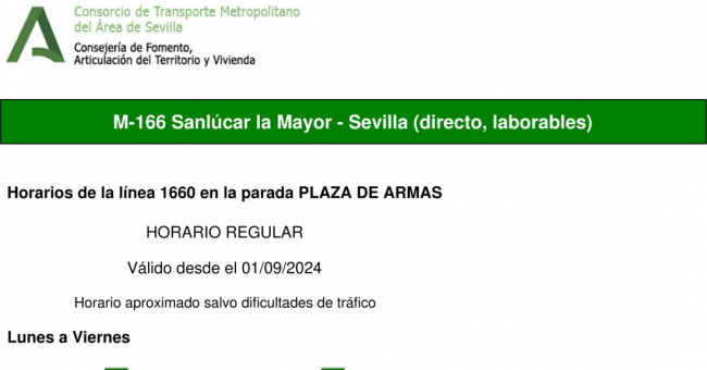 Tabla de horarios y frecuencias de paso en sentido vuelta Línea M-166: Sevilla - Sanlúcar la Mayor (recorrido 1)