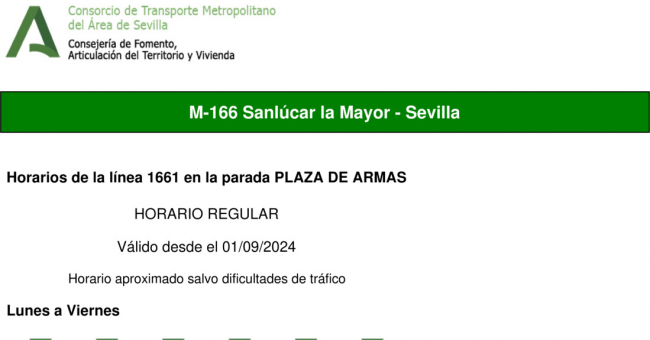 Tabla de horarios y frecuencias de paso en sentido vuelta Línea M-166: Sevilla - Sanlúcar la Mayor (recorrido 2)