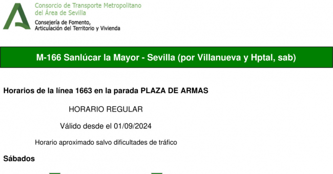 Tabla de horarios y frecuencias de paso en sentido vuelta Línea M-166: Sevilla - Sanlúcar la Mayor (recorrido 3)