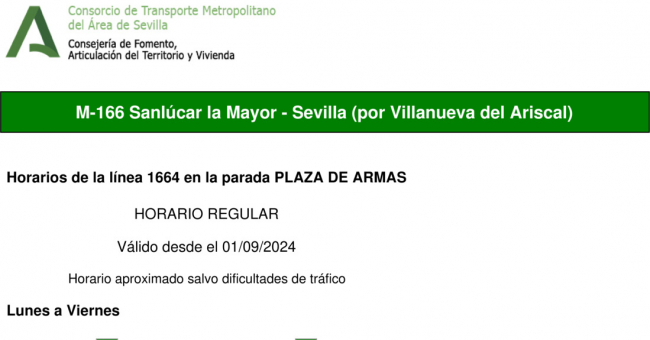 Tabla de horarios y frecuencias de paso en sentido vuelta Línea M-166: Sevilla - Sanlúcar la Mayor (recorrido 4)