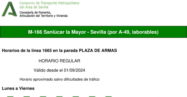 Tabla de horarios y frecuencias de paso en sentido vuelta Línea M-166: Sevilla - Sanlúcar la Mayor (recorrido 5)