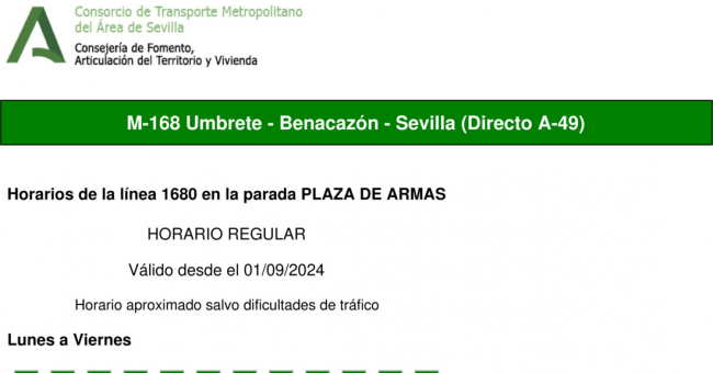 Tabla de horarios y frecuencias de paso en sentido vuelta Línea M-168: Benacazón - Umbrete (recorrido 1)