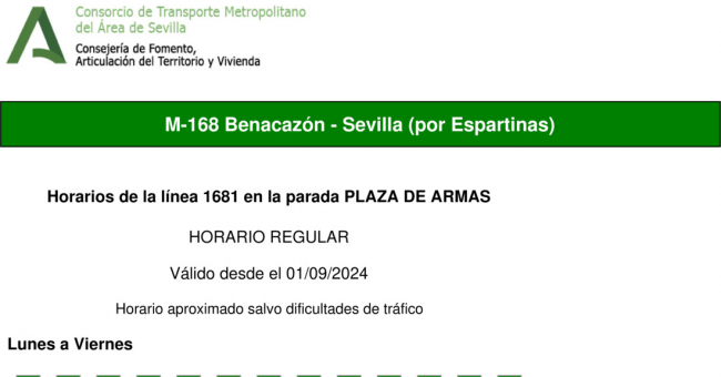 Tabla de horarios y frecuencias de paso en sentido vuelta Línea M-168: Benacazón - Umbrete (recorrido 2)