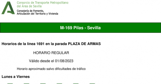 Tabla de horarios y frecuencias de paso en sentido vuelta Línea M-169: Pilas - Villamanrique (recorrido 1)