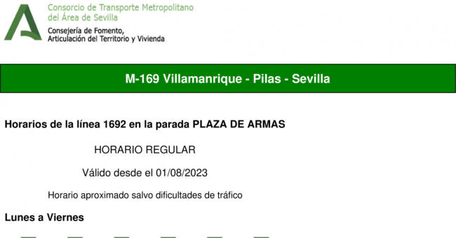 Tabla de horarios y frecuencias de paso en sentido vuelta Línea M-169: Pilas - Villamanrique (recorrido 2)