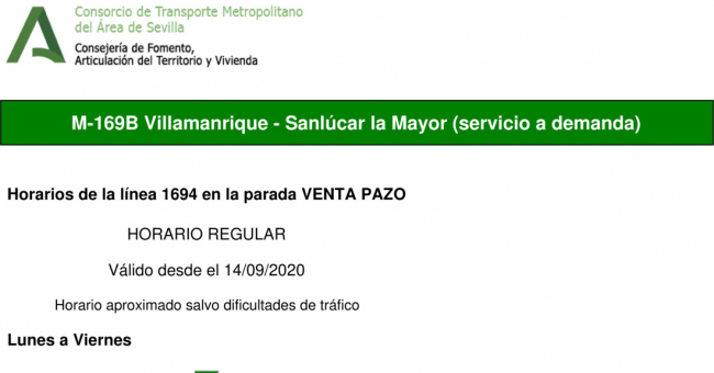 Tabla de horarios y frecuencias de paso en sentido vuelta Línea M-169: Pilas - Villamanrique (recorrido 3)