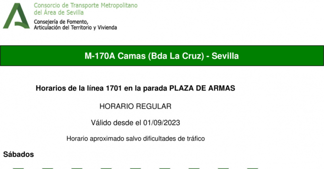 Tabla de horarios y frecuencias de paso en sentido vuelta Línea M-170: Sevilla - Camas (recorrido 1)
