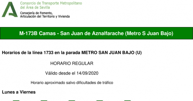 Tabla de horarios y frecuencias de paso en sentido vuelta Línea M-173: Camas - San Juan de Aznalfarache (Circular)