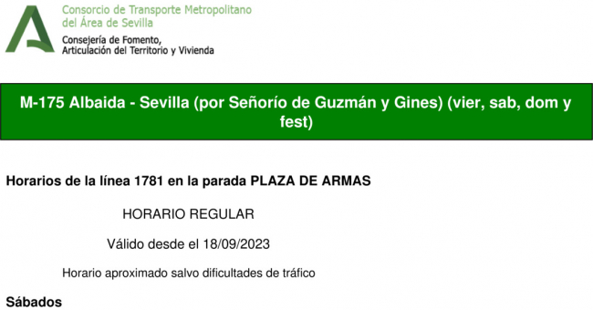 Tabla de horarios y frecuencias de paso en sentido vuelta Línea M-175: Camas - Albaida (recorrido 6)