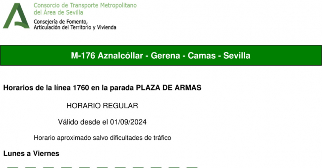 Tabla de horarios y frecuencias de paso en sentido vuelta Línea M-176: Sevilla - Aznalcóllar (recorrido 1)
