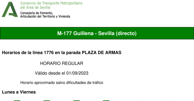 Tabla de horarios y frecuencias de paso en sentido vuelta Línea M-177: Camas - Guillena (recorrido 5)
