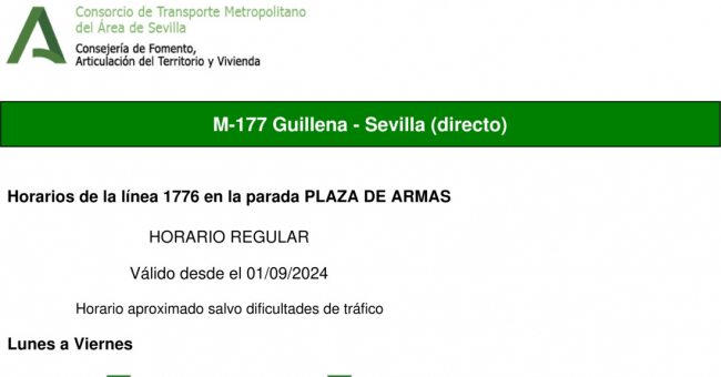 Tabla de horarios y frecuencias de paso en sentido vuelta Línea M-177: Camas - Guillena (recorrido 5)