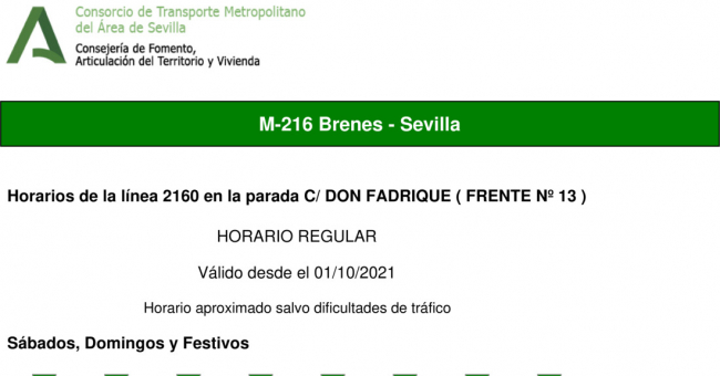 Tabla de horarios y frecuencias de paso en sentido vuelta Línea M-216: Sevilla - Brenes