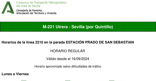 Tabla de horarios y frecuencias de paso en sentido vuelta Línea M-221: Sevilla - Utrera (recorrido 1)