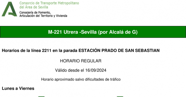 Tabla de horarios y frecuencias de paso en sentido vuelta Línea M-221: Sevilla - Utrera (recorrido 2)