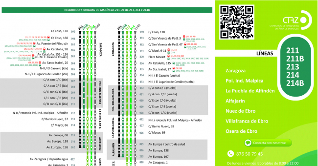 Recorrido esquemático, paradas y correspondencias Línea 213: Zaragoza - Villafranca de Ebro