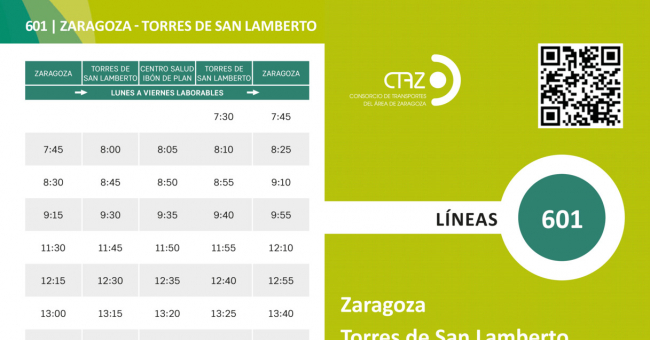 Recorrido esquemático, paradas y correspondencias Línea 601: Zaragoza - Torres de San Lamberto