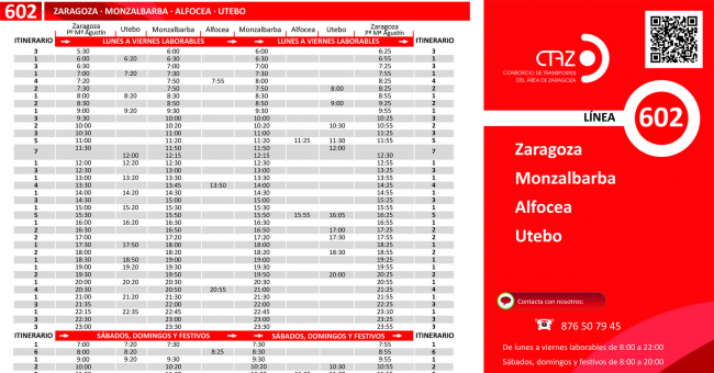 Recorrido esquemático, paradas y correspondencias Línea 602: Zaragoza - Utebo